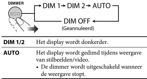 DIMMER ECO DIM 1→ DIM 2→ AUTO DIM OFF (Geannuleerd) DIM 1/2 Het display wordt donkerder. AUTO Het display wordt gedimd tijdens weergave van stilbeelden/video. • De dimmer wordt uitgeschakeld wanneer de weergave stopt.