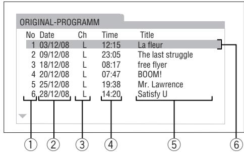 ORIGINAL-PROGRAMM No Date Ch Time Title 1 03/12/08 L 12:15 La fleur 2 09/12/08 L 23:05 The last struggle 3 18/12/08 L 08:17 free flyer 4 20/12/08 L 07:47 BOOM! 5 25/12/08 L 19:38 Mr. Lawrence 6,28/12/08 L 14:20 Satisfy U ① ② ③ ④ ⑤ ⑥
