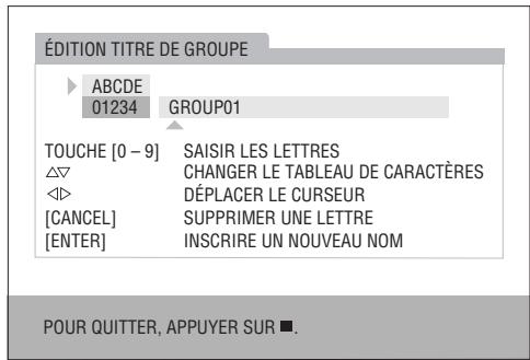 ÉDITION TITRE DE GROUPE ABCDE 01234 GROUP01 TOUCHE [0 - 9] SAISIR LES LETTRES △▽ CHANGER LE TABLEAU DE CARACTÈRES ◀◇ DÉPLACER LE CURSEUR [CANCEL] SUPPRIMER UNE LETTRE [ENTER] INSCRIRE UN NOUVEAU NOM POUR QUITTER, APPUYER SUR ■.