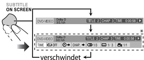 SUBTITLE ON SCREEN DVD-VIDEO Dolby D 3/2,1ch TITLE 2 CHAP 3 TIME 0:00:58 DV-VIDEO Dolby D 3/2,1ch TIME OFF CHAP, 1/3 1/3 1/1 VERSCHWINDET