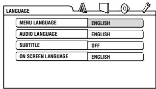 LANGUAGE MENU LANGUAGE ENGLISH AUDIO LANGUAGE ENGLISH SUBTITLE OFF ON SCREEN LANGUAGE ENGLISH