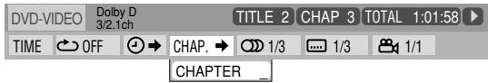 DVD-VIDEO Dolby D 3/2.1ch TITLE 2 CHAP 3 TOTAL 1:01:58 TIME OFF CHAP. 1/3 1/3 1/1 CHAPTER
