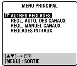 MENU PRINCIPAL ET AUTRES REGLAGES REGL. AUTO. DES CANAUX REGL. MANUEL CANAUX REGLAGES INITIAUX [▲▼] → ⚙ [MENU] : SORTIE