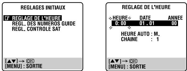 REGLAGES INITIAUX F REGLAGE DE L'HEURE REGL. DES NUMEROS GUIDE REGL. CONTROLE SAT [▲▼] → ⚙ [MENU] : SORTIE REGLAGE DE L'HEURE HEURE DATE ANNEE 0: 00 01.01 00 HEURE AUTO : M. CHAINE : 1 [▲▼] → ⚙ [MENU] : SORTIE