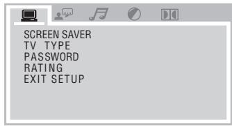SCREEN SAVER TV TYPE PASSWORD RATING EXIT SETUP