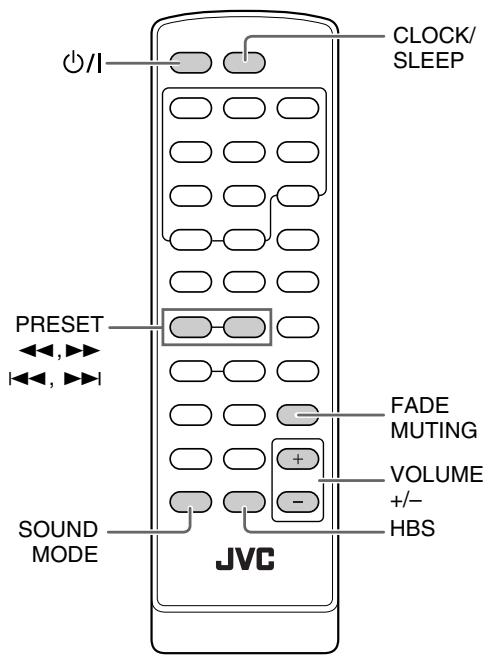 CLOCK/ SLEEP PRESET FADE MUTING VOLUME +/- HBS SOUND MODE JVC