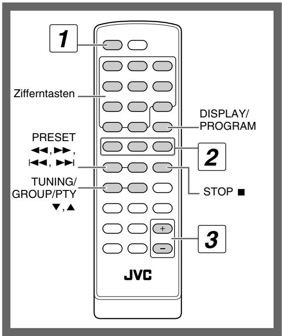 1 Zifferntasten PRESET TUNING/ GROUP/PTY ▼,▲ DISPLAY/ PROGRAM 2 STOP ■ 3 JVC