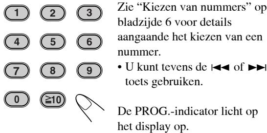 1 2 3 Zie "Kiezen van nummers" op bladzijde 6 voor details aangaande het kiezen van een nummer. • U kunt tevens de ◀◀ of ▶▶ toets gebruiken. 0 ≥10 De PROG.-indicator licht op het display op.