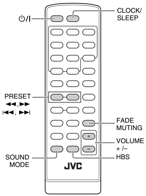 CLOCK/ SLEEP PRESET FADE MUTING VOLUME + /- HBS SOUND MODE JVC