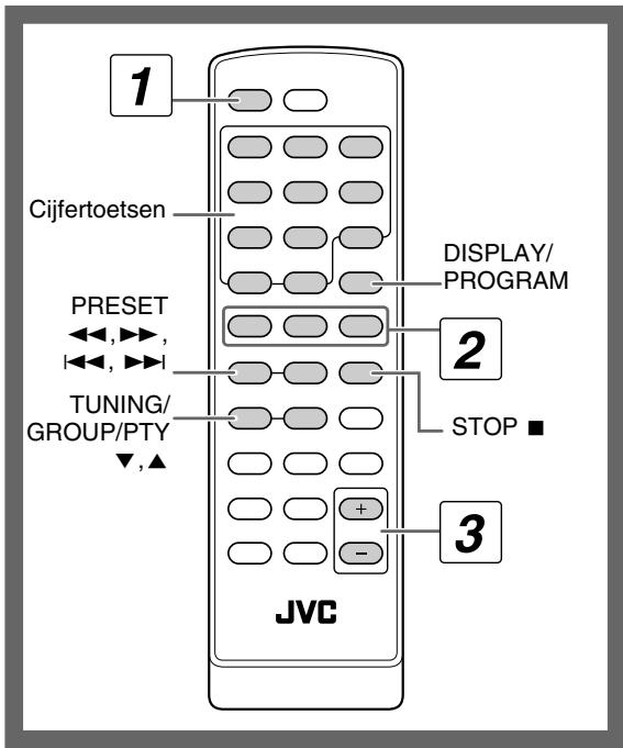 1 Cijfertoetsen PRESET TUNING/ GROUP/PTY ▼,▲ DISPLAY/ PROGRAM 2 STOP ■ 3 JVC