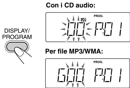 CON i CD audio: DISPLAY/ PROGRAM PROG. 1:00 1:00 1 Per file MP3/WMA: 5:00 1:00 1 PROG.
