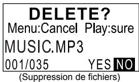 DELETE? Menu:Cancel Play:sure MUSIC.MP3 001/035 YES NO (Suppression de fichiers)