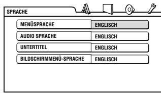 SPRACHE MENÜSPRACHE ENGLISH AUDIO SPRACHE ENGLISH UNTERTITEL ENGLISH BILDSCHIRMMENÜ-SPRACHE ENGLISH
