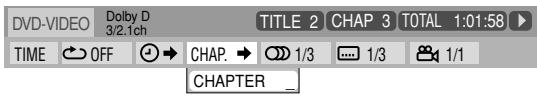 DVD-VIDEO Dolby D 3/2.1ch TITLE 2 CHAP 3 TOTAL 1:01:58 TIME OFF CHAP. 1/3 1/3 1/1 CHAPTER