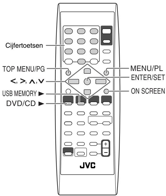 Cijfertoetsen TOP MENU/PG <, >, ∧, V USB MEMORY ▶ DVD/CD ▶ MENU/PL ENTER/SET ON SCREEN JVC