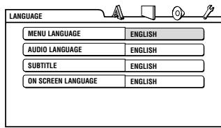 LANGUAGE MENU LANGUAGE ENGLISH AUDIO LANGUAGE ENGLISH SUBTITLE ENGLISH ON SCREEN LANGUAGE ENGLISH