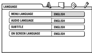 LANGUAGE MENU LANGUAGE ENGLISH AUDIO LANGUAGE ENGLISH SUBTITLE ENGLISH ON SCREEN LANGUAGE ENGLISH