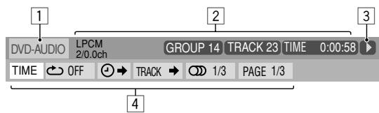 DVD-AUDIO LPCM 2/0.0ch GROUP 14 TRACK 23 TIME 0:00:58 TIME OFF TRACK 1/3 PAGE 1/3
