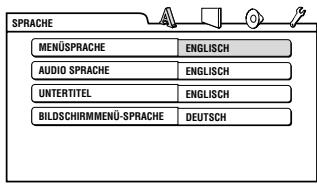 SPRACHE MENÜSPRACHE ENGLISH AUDIO SPRACHE ENGLISH UNTERTITEL ENGLISH BILDSCHIRMMENÜ-SPRACHE DEUTSCH