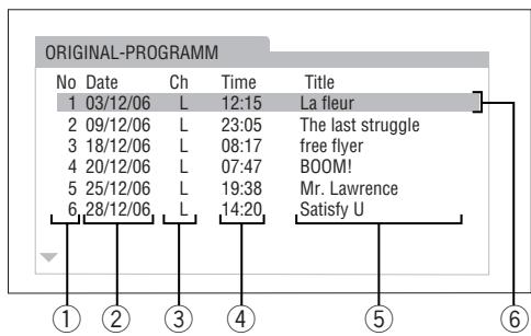 ORIGINAL-PROGRAMM No Date Ch Time Title 1 03/12/06 L 12:15 La fleur 2 09/12/06 L 23:05 The last struggle 3 18/12/06 L 08:17 free flyer 4 20/12/06 L 07:47 BOOM! 5 25/12/06 L 19:38 Mr. Lawrence 6 28/12/06 L 14:20 Satisfy U ① ② ③ ④ ⑤ ⑥