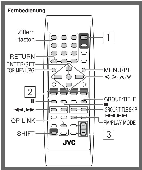 Fernbedienung Ziffern -tasten RETURN ENTER/SET TOP MENU/PG MENU/PL <, >, ∧, ∨ GROUP/TITLE GROUP/TITLE SKIP QP LINK FM/PLAY MODE SHIFT JVC 1 2 3