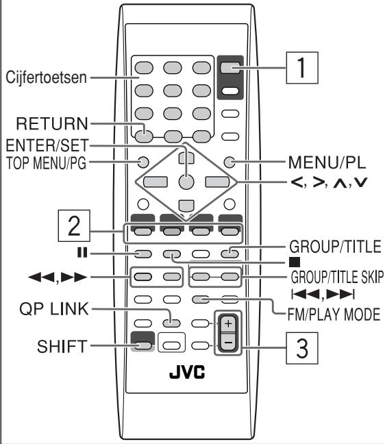 Cijfertoetsen RETURN ENTER/SET TOP MENU/PG MENU/PL <, >, ∧, ∨ GROUP/TITLE GROUP/TITLE SKIP QP LINK FM/PLAY MODE SHIFT JVC 1 2 3