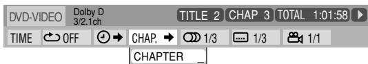 DVD-VIDEO Dolby D 3/2.1ch TITLE 2 CHAP 3 TOTAL 1:01:58 TIME OFF CHAP. 1/3 1/3 1/1 CHAPTER