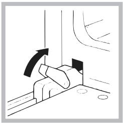 Mechanical assembly diagram showing a lever mechanism with an arrow indicating motion (no text or symbols present)