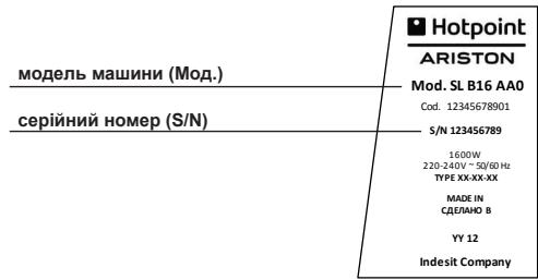 модель машини (Мод.) серійний номер (S/N) Hotpoint ARISTON Mod. SL B16 AA0 Cod. 12345678901 S/N 123456789 1600W 220-240V ~ 50/60 Hz TYPE XX-XX-XX MADE IN СДЕЛАНО В YY 12 Indesit Company