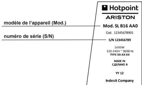 Hotpoint ARISTON modèle de l'appareil (Mod.) Mod. SL B16 AA0 Cod. 12345678901 S/N 123456789 1600W 220-240V ~ 50/60 Hz TYPE XX-XX-XX MADE IN СДЕЛАНО В YY 12 Indesit Company