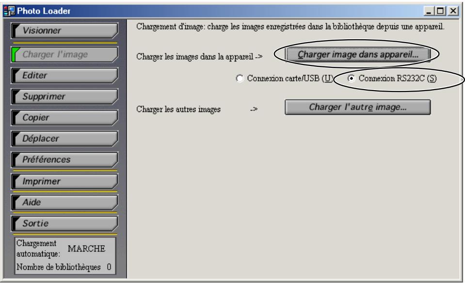 CASIO PHOTO LOADER 2.1 - Sélectionner “ Connexion RS232C(S) ” et cliquer le bouton [Charger image dans appareil...]. - 1