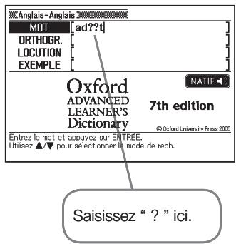 CASIO EW-F3000V - Saisissez le mot-clé en substituant le caractère de remplacement (?) ou le caractère d'espace vide (*) aux endroits où vous n'êtes pas sur de l'orthographe. - 1