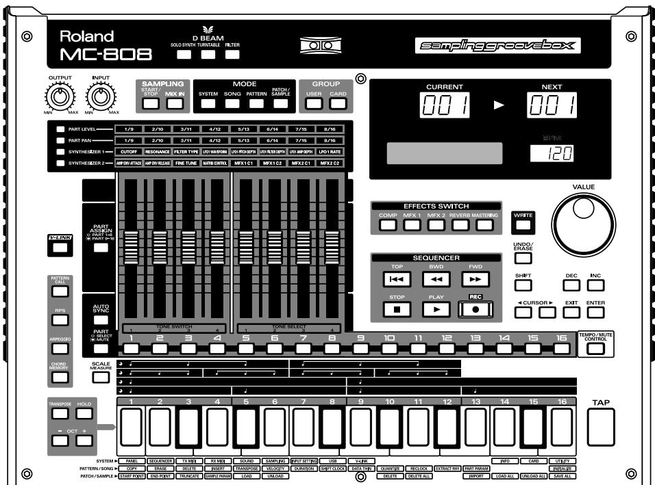 Roland MC-808 D BEAM SOLO SYNTH TURNABLE FILTER sampling groovebox OUTPUT INPUT SAMPLING STRAW/ STRAW MAX IN MODE SONG PATTERN PATCH SAMPLE GROUP USER CARD CURRENT 00:1 NEXT 2019.51 120 PART LEVEL 1/9 2/10 3/11 4/12 5/13 6/14 7/15 8/16 PART PAN 1/9 2/10 3/11 4/12 5/13 6/14 7/15 8/16 SYNTHESIZER 1 CUTOPE RESCANCE FILTER TYPE UO/RAWORM UO/RGBRPR UO/RB/SB/PSP UO/BP/RPN UO/RAT SYNTHESIZER 2 MPX EN ATAO MPX EN RELINE FINE TUNE AMBI ON/OXL MFX1 C1 MFX1 C2 MFX2 C1 MFX2 C2 PART ASSETS COMP MFX3 MFX2 PATTERN MASTINIC WRPTS UNDO/ ENASE SEQUENCER TOP BWD FWD SHIFT DEC INC STOP PLAY REC CURSOR EXIT ENTER TIME/MUTE CONTROL PART SELECT MODE AUTO SWITCH PART SELECT MODE AVOC SWITCH SCALE MEASURE TRANPOSE HOLD DCI + SYSTEM PANEL SEQUENCEER TIME RUN SQUAD SAMPLE PART SETTING USB VOLTAGE QUANTITY RELDER EXTRACT PAD PART PAINT COPY CALL INFO CARD UTILITY PATTERN / SONG K COPP BASE WRITTLE REDUCE TRANSFER REDUCE COLD OUT DOCK GUTTER LOAD INPUT LOAD OUTLOAD INPUT LOAD OUT PATCH/SAMPLE RESET