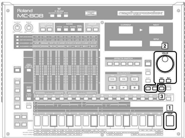 Roland MC-808 D BEAM SAMPLIING SAMPLIING MODE GROUP BEAM/AGROSOBOX CURRENT NEXT BPM 2 EFFECTS SWITCH VALUE SEQUENCER 3 TAP