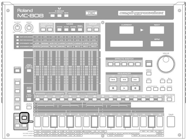 Roland MC-808 VEAM SAMPLIING SDRAM M1.19 CAMPO GROOVEBOX OUTPUT RIPUT SAMPLIING MODE GROUP CURRENT NEXT BPM EFFECTS SWITCH SEQUENCER TAP TAP