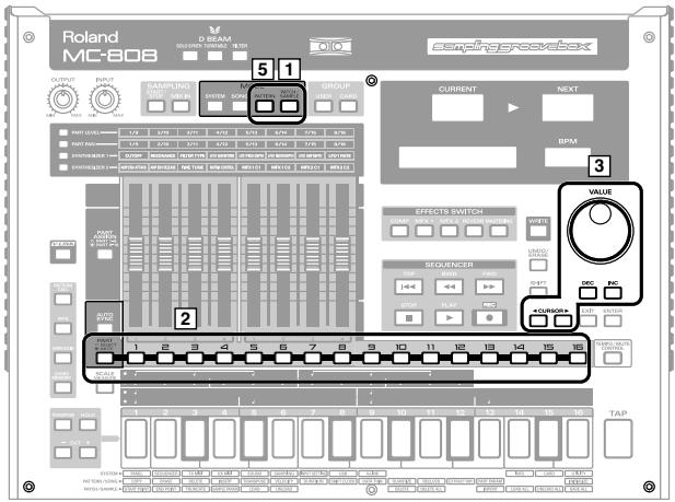 Roland MC-808 M BEAM SAMPLINUM GROUP CURRENT NEXT BPM EFFECTS SWITCH SEQUENCER AUX/RWA VALUE TAP