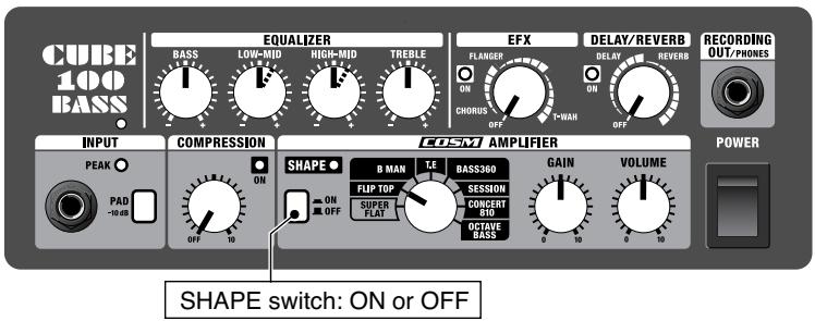CUBE 100 BASS EQUALIZER EFX DELAY/REVERB RECORDING OUT/PHONES BASS LOW-MID HIGH-MID TREBLE FLANGER ON CHORUS OFF +WAN ON OFF POWER INPUT COMPRESSION COSM AMPLIFIER PEAK ON SHAPE ● B MAN TE BASS360 GAIN VOLUME PAD -10 dB OFF 10 FLIP TOP SESSION SUPER FLAT CONCERT 810 OCTAVE BASS 0 10 0 10 SHAPE switch: ON or OFF