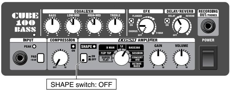 CUBE 100 BASS EQUALIZER BASS LOW-MID HIGH-MID TREBLE EFX DELAY/REVERB FLANGER ON CHORUS OFF P-WAN DELAY REVERB RECORDING OUT/PHONES INPUT COMPRESSION SHAPE ON OFF 10 COSM AMPLIFIER GAIN VOLUME POWER PAD -10 dB SHAPE switch: OFF