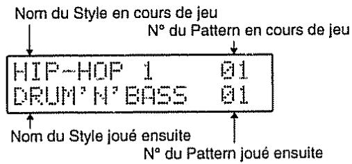 Nom du Style en cours de jeu N° du Pattern en cours de jeu HIP~HOP 1 01 DRUM' N° BASS 01 Nom du Style joué ensuite N° du Pattern joué ensuite