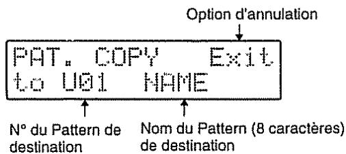 Option d'annulation PAT. COPY Exit to U01 NAME N° du Pattern de destination Nom du Pattern (8 caractères) de destination