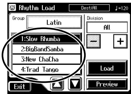 Rhythm Load Dest:All J=120 Group Latin Division All 1:Slow Rhumba 2:BigBandSamba 3:New ChaCha 4:Trad Tango Load Preview Exit