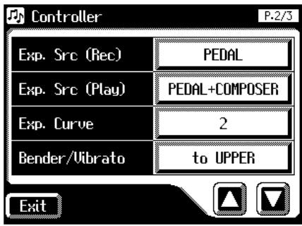 Controller P-2/3 Exp. Src (Rec) PEDAL Exp. Src (Play) PEDAL+COMPOSER Exp. Curve 2 Bender/Vibrato to UPPER Exit