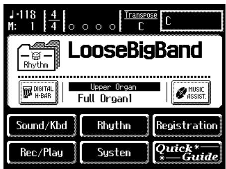 J=118 | 4/4 | Transpose C M: 1 LooseBigBand Digital H-BAR Upper Organ Full Organ1 MUSIC ASSIST. Sound/Kbd Rhythm Registration Rec/Play System Quick*—Guide