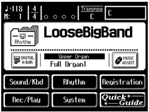 J=118 4 M: 1 4 Transpose C C LooseBigBand Digital H-BAR Upper Organ Full Organ1 MUSIC ASSIST. Sound/Kbd Rhythm Registration Rec/Play System Quick* Guide