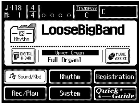 118 M: 1 | 4/4 | Transpose C C LooseBigBand Rhythm DIGITAL H-BAR | Upper Organ Full Organ1 | MUSIC ASSIST. Sound/Kbd Rhythm Registration Rec/Play System Quick* Guide