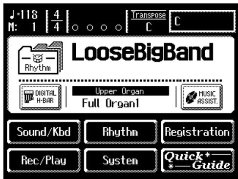 J=118 | 4 M: 1 | 4 ○ ○ ○ C C LooseBigBand Digital H-BAR Upper Organ Full Organ1 MUSIC ASSIST. Sound/Kbd Rhythm Registration Rec/Play System Quick*_ *Guide