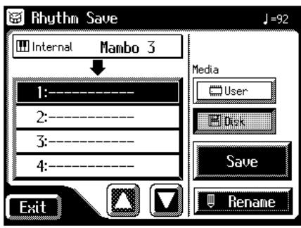 Rhythm Save Internal Mambo 3 1:---- 2:---- 3:---- 4:---- Exit J=92 Media User Disk Save Rename