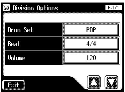 Division Options P.1/1 Drum Set POP Beat 4/4 Volume 120 Exit