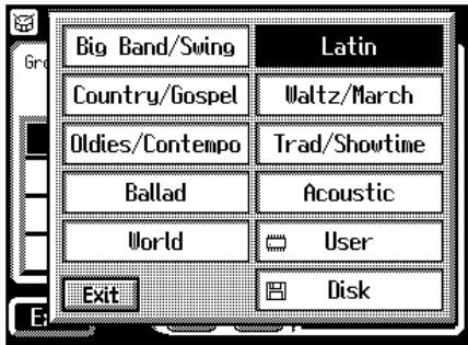 Big Band/Swing Country/Gospel Oldies/Contempo Ballad World Exit Latin Waltz/March Trad/Showtime Acoustic User Disk