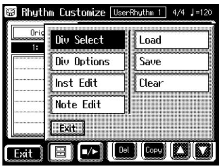 Rhythm Customize UserRhythm 1 4/4 J=120 Orig 1: Div Select Load Div Options Save Inst Edit Clear Note Edit Exit Exit